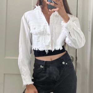 NWT white cropped fringe denim jacket